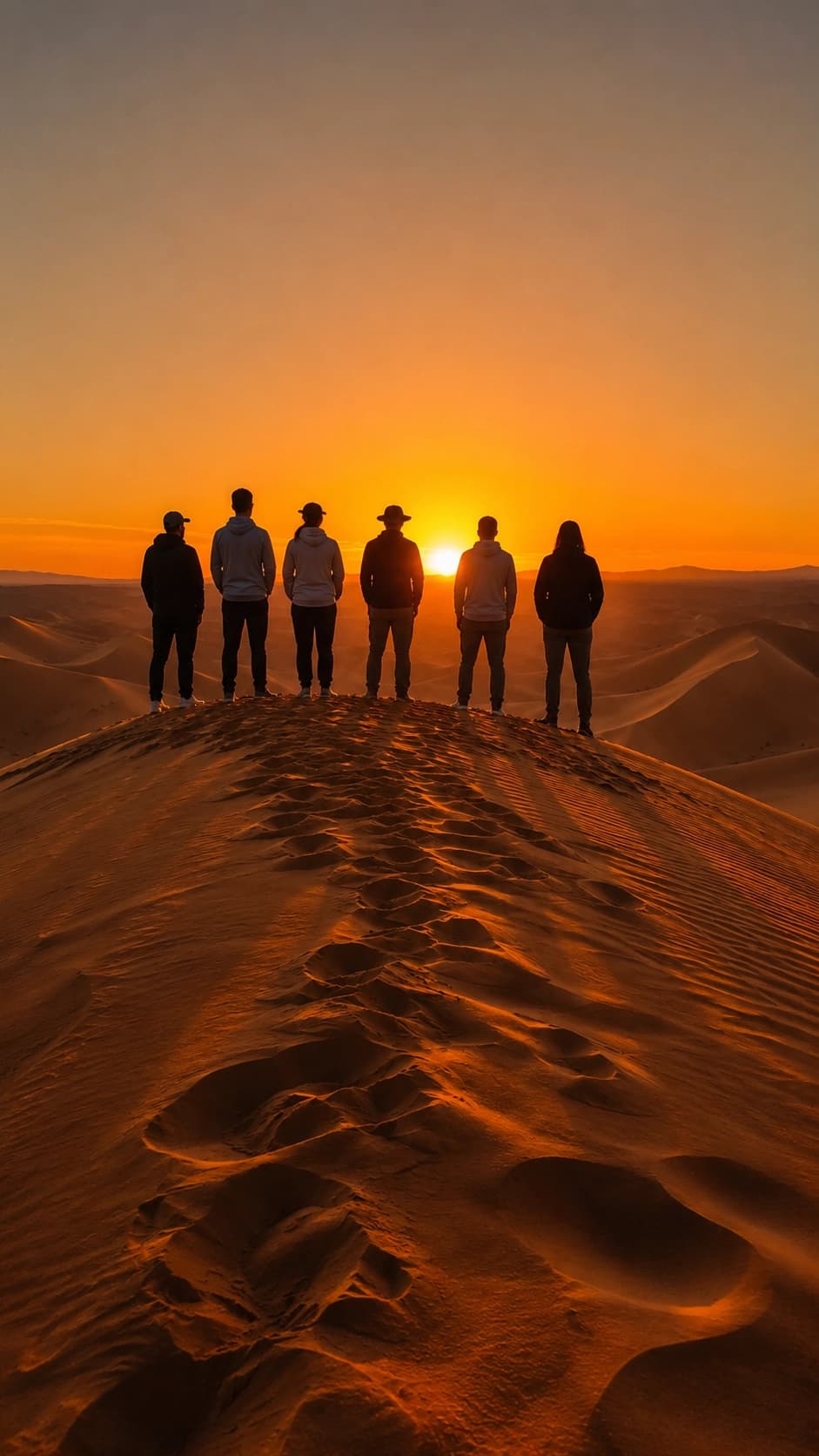 Group on a dune ridge at sunset