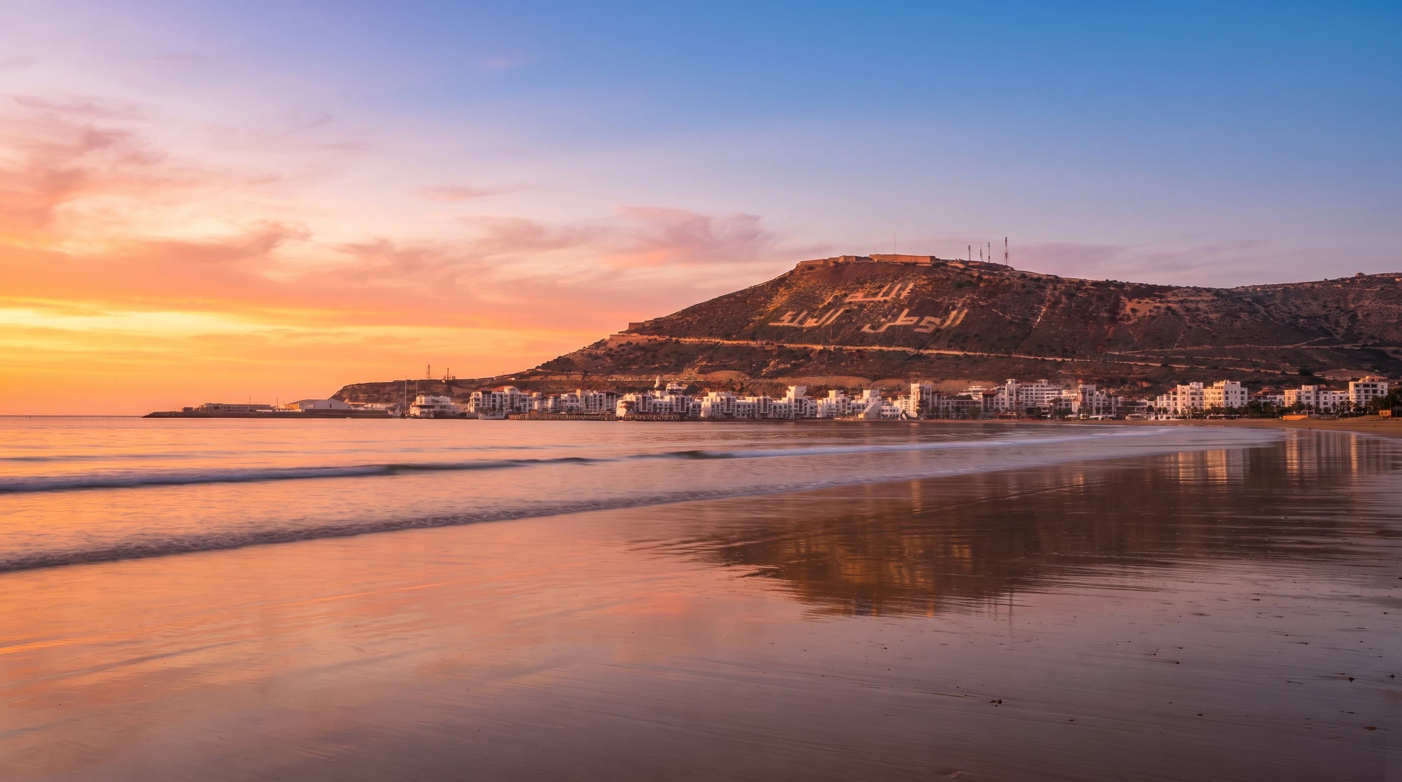 Agadir beach and Atlantic coast at golden hour